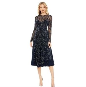 Mac Duggal Midnight Blue Gown with Floral Detailing